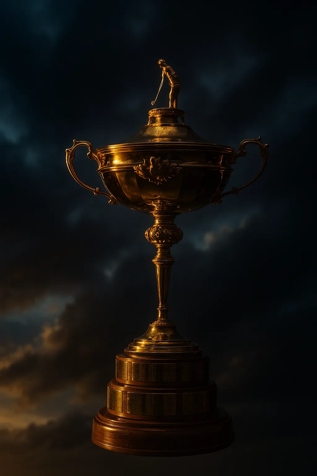 Close-up of the Ryder Cup trophy glowing in moody lighting, symbolising Europe’s high-stakes team selection.