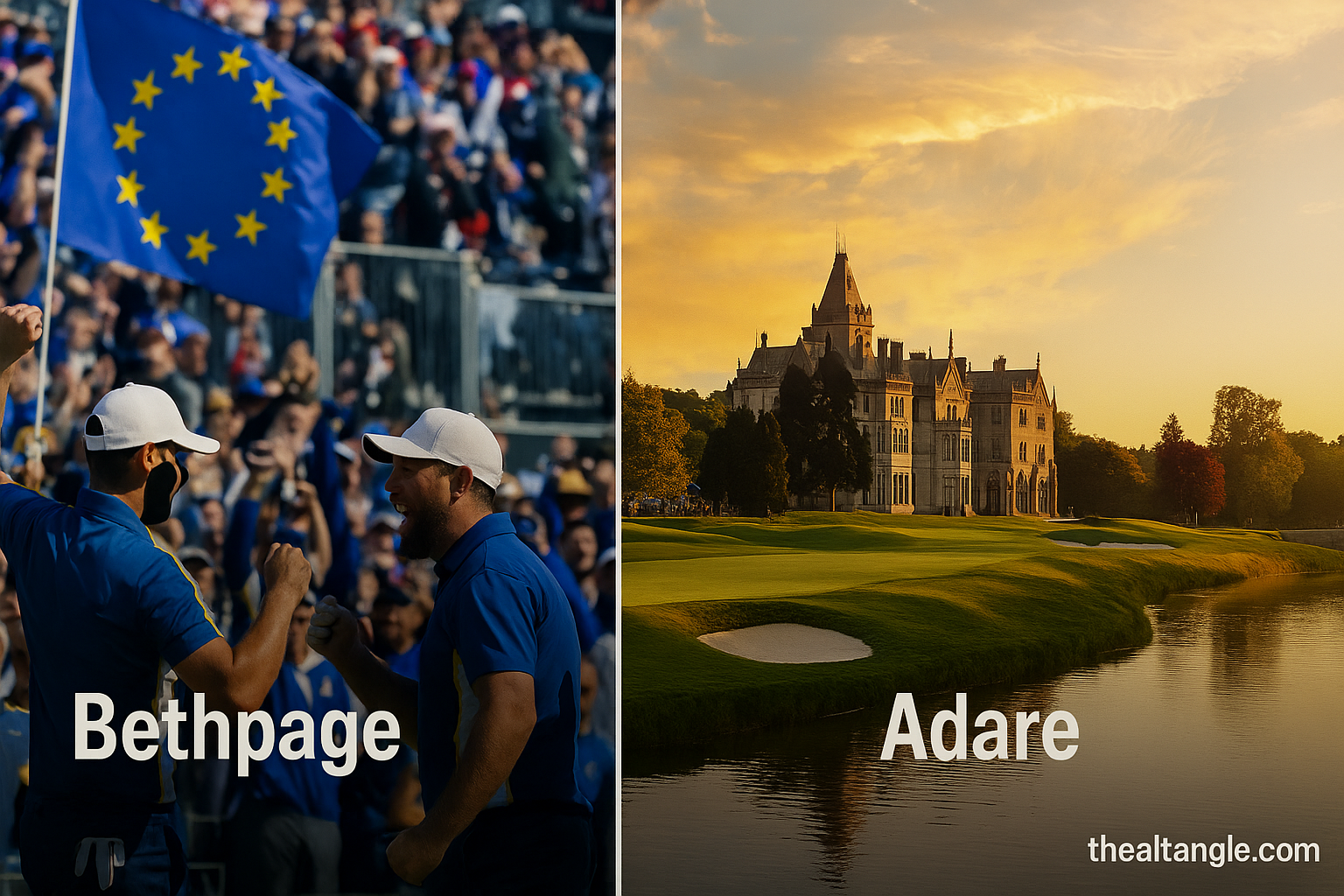 “Split image of Ryder Cup: Rory McIlroy celebrating at Bethpage 2025 on the left, and a golden-hour view of Adare Manor golf course, host of the 2027 Ryder Cup, on the right.”