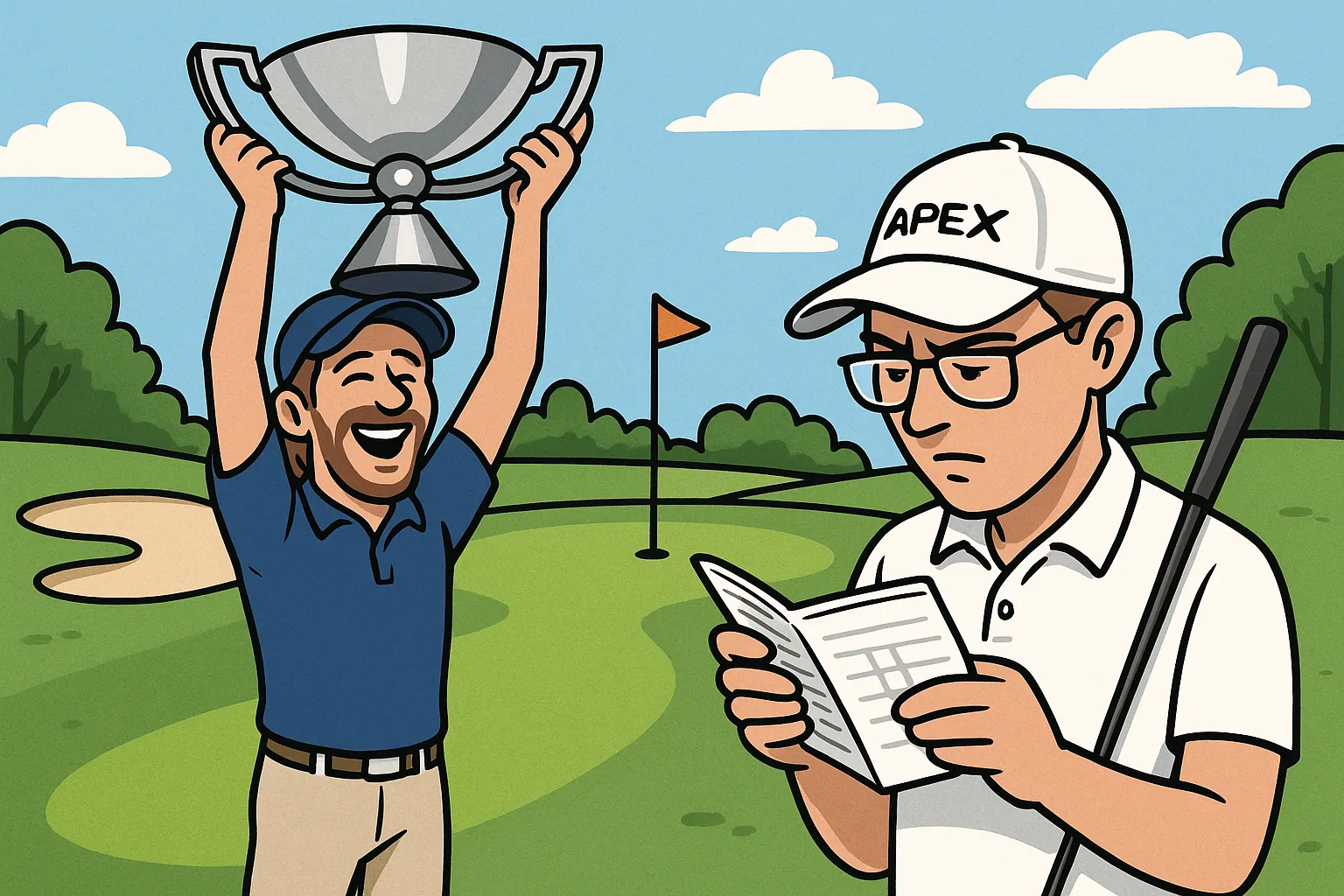 Fleetwood lifting the trophy while Fitzpatrick studies his yardage book.