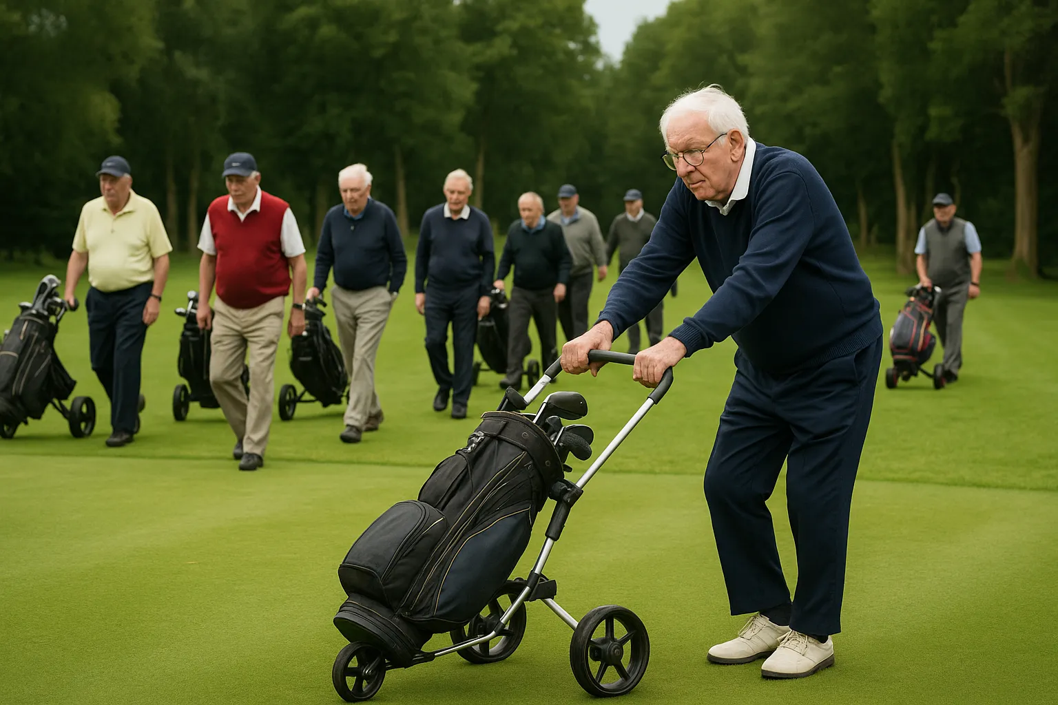 A herd of HOGS players shuffling off the tee, one leaning on his trolley like it’s a Zimmer frame.