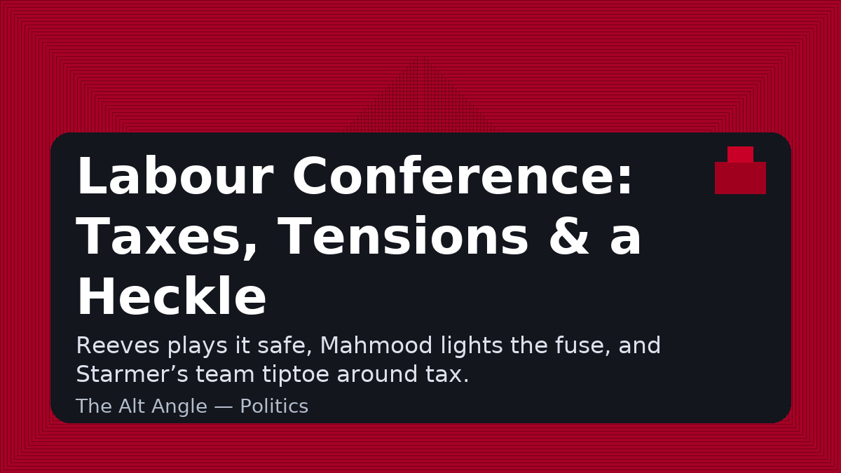 Editorial illustration: a red conference stage with a podium and bold headline about Labour conference taxes and tensions.